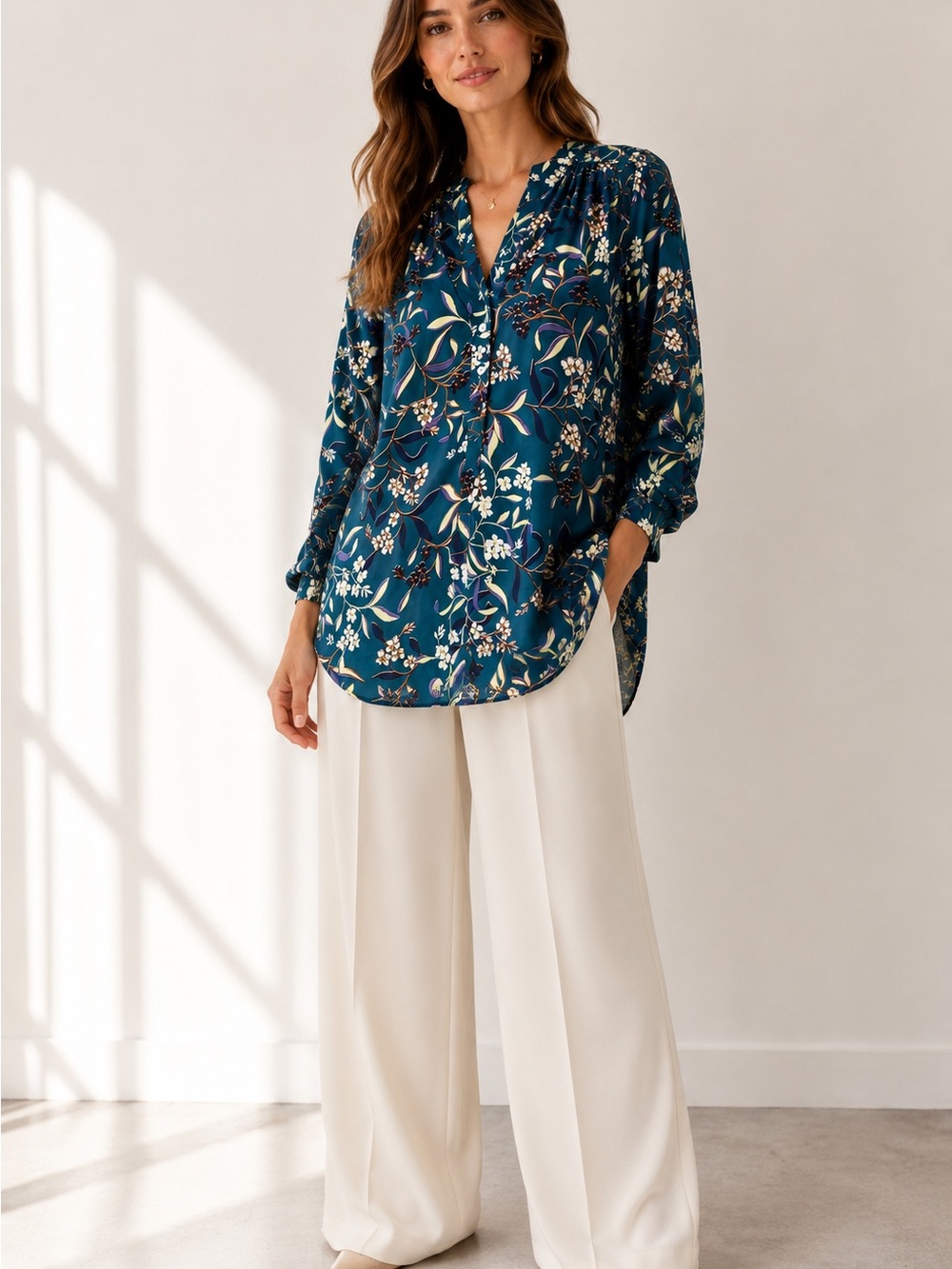 Amour Vert Amy 100% Silk Teal Floral Popover Blouse Sz Large